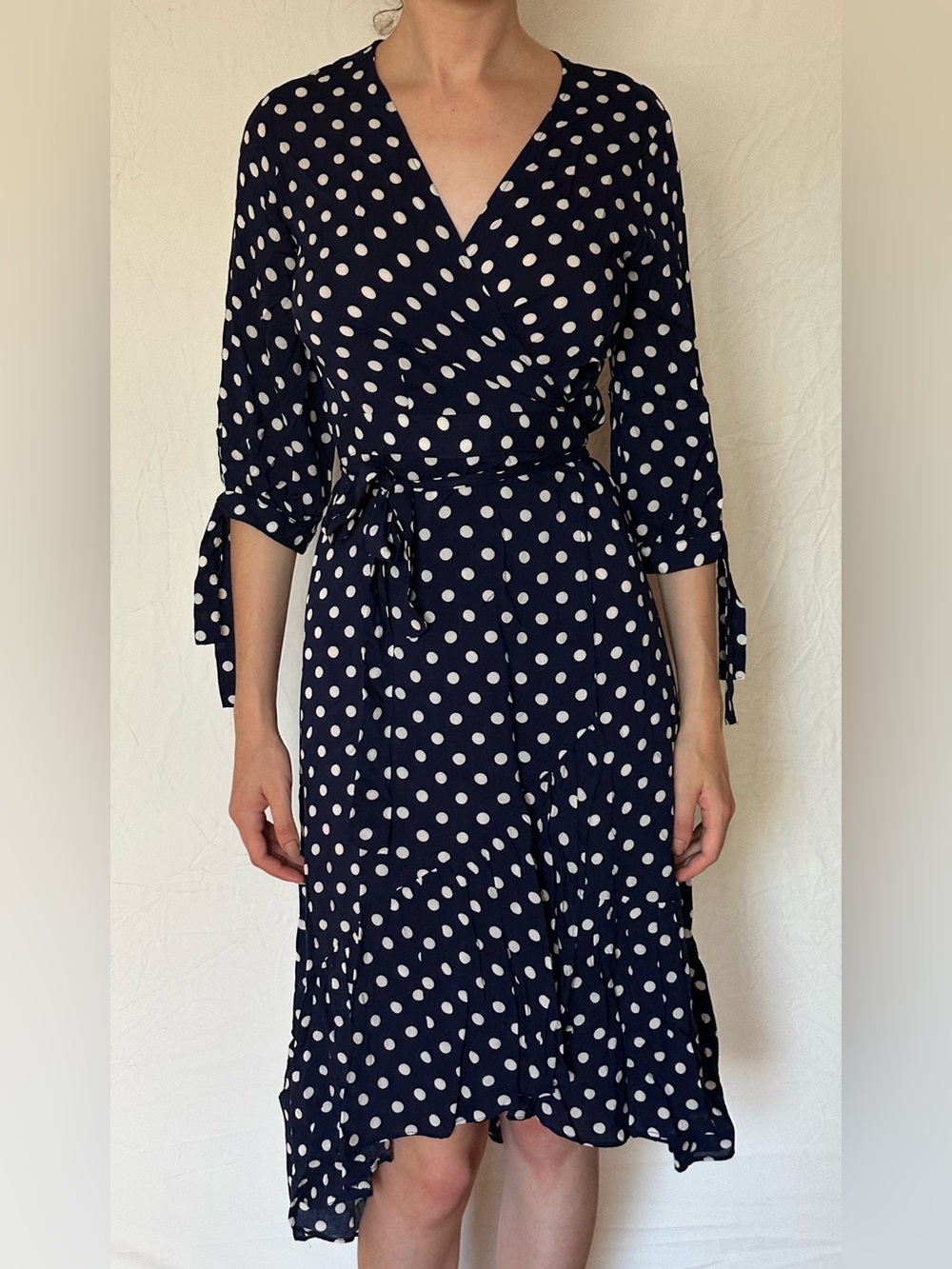 eva mendes for New York & Company Navy and White Polka Dot Wrap Midi Dress